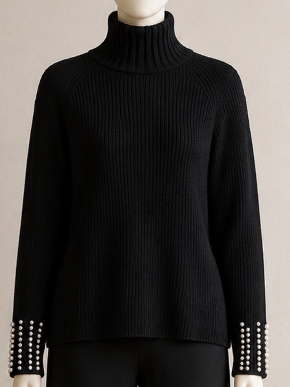 Classic Black Ribbed Turtleneck Sweater with Pearl Sleeve Detail
